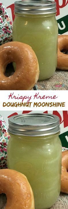 doughnuts sitting in front of a glass jar filled with green liquid