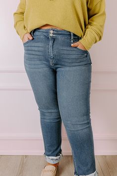 - Great for everyday wear, these trendy jeans are the figure flattering pair that will become your new favs! - Unlined stretchy denim material with subtle fading - A high waistline with belt loops, a hidden zip fly, and double button closure - A functional five pocket cut - A figure flattering silhouette that ends in a ankle length distressed rolled hemlines Measurements 16 : Front Rise 14", Hip 40", Inseam 27.5", Length 40", Waist 34". 18 : Front Rise 14.5", Hip 42", Inseam 28", Length 41", Wai Medium Wash High Waist Stretch Jeans, High Waist Stretch Jeans In Medium Wash, High Waist Stretch Medium Wash Jeans, Stretch Dark Wash Jeans, Trendy Stretch Cropped Jeans In Medium Wash, Dark Wash Stretch Jeans, High Waist Medium Wash Denim Jeans, High Rise Stretch Cropped Jeans In Medium Wash, Stretch Denim Bottoms In Medium Wash