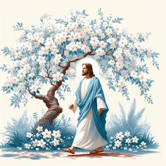 jesus walking under a tree with white flowers