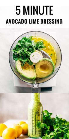 avocado lime dressing in a blender with lemons and cilantro