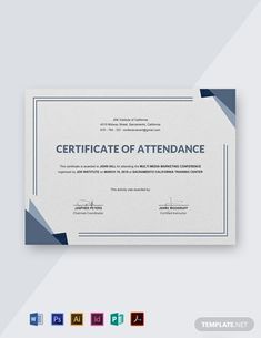 a certificate of attendance with blue and white lines on the bottom, in front of a gray background