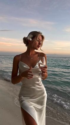 Satin Wedding Dress Beach, Beach Birthday Dress, Satin Dress Aesthetic, Silk Dress Beach, Dress Beach Photoshoot, Beach Dress Photoshoot, Silk Beach Dress, Womens Holiday Fashion, Summer Moodboard