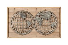 two metal globes mounted on wood in a wooden frame