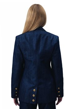 Demi Denim Suit - Blazer Key Features: Durable navy blue denim Three gold buttons Satin lining Two pockets Made in the USA Details: The Demi Denim Suit Blazer in navy blue offers a classic, timeless look. Made from durable denim with three gold buttons and satin lining, this blazer provides both style and comfort. The two pockets add practical convenience. Content + Care: Fabric: Premium Denim CottonCare instructions: Dry clean only.Core Values & Sustainability Commitments: ensuring the reductio Classic Denim Blazer With Pockets, Dark Wash Denim Blazer With Pockets, Classic Denim Blue Blazer With Pockets, Tailored Denim Blazer With Button Closure, Classic Denim Blazer With Buttons, Dark Wash Denim Blazer For Workwear, Tailored Denim Blazer, Dark Wash Blazer With Button Closure For Work, Classic Denim Jeans With Buttoned Pockets