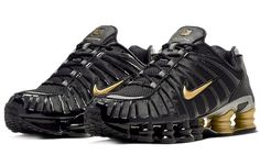 NikeLab Shox TL Neymar JR - Black Gold BV1388-001 Nike Shox For Women, Nike Shox Tl, Metallic Gold Shoes, All Black Nikes, Gold Trainers, Nike Shox R4, Nike Shox Nz, Sneaker Bar, Gold House