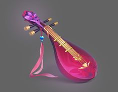 a pink musical instrument on a gray background with a ribbon around it's neck