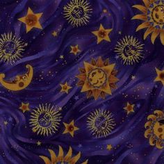 the sun and moon are depicted in this purple, gold and blue background with stars