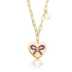 Charming Sterling Silver with Gold Plated and Pink Cubic Zirconia Necklace. This design features one heart hanging in the middle of the chain and center of pink round Cubic Zirconia stones paved in bow-tie order. The necklace also features another smaller heart shaped charm. This necklace is finished in 18K Yellow Gold plating(1 micron) and has a spring ring closure. Makes a great gift as well. Heart Paper Clip, Heart Paper, April Birthstone Jewelry, March Birthstone Jewelry, Forever Jewelry, Gifts For New Mums, Paper Hearts, Pearl Jewellery Earrings, Evil Eye Jewelry