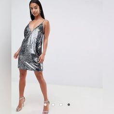 Nwt Asos Gray Silver Sequin Mini Party Dress Size Us 2 Party Dress Nye Dress Cocktail Dress Black Satin Mini Dress, Sequined Mini Dress, Short Sheath Dress, Dusty Pink Dresses, Cami Mini Dress, Plunge Mini Dress, Cami Slip Dress, Nye Dress, Mini Party Dress