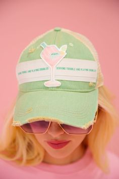 SERVING TROUBLE GREEN DISTRESSED HAT HAT Judith March Distressed Hat, Patch Hat, Green Hat, Sports Party, Pickleball Paddles, Green Hats, Sporty Girls, Girls Club, Martini Glass