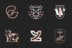 six different types of logos with animals and letters in the middle one is gold, the other is white