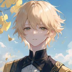 an anime character with blonde hair standing in front of leaves and blue sky, looking at the camera