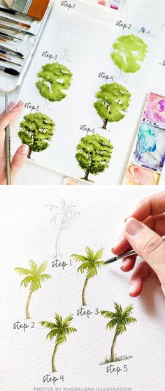 someone is doing something with watercolors and then they are drawing trees on paper