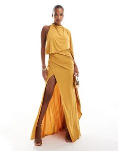 ASOS DESIGN one-shoulder cape red carpet maxi dress with train in ochre | ASOS Yellow Asymmetrical Maxi Dress For Party, Chic Yellow Asymmetrical Dress, Orange One-shoulder Beach Maxi Dress, Chic Orange One-shoulder Maxi Dress, Chic Yellow Off-shoulder Maxi Dress, Shoulder Cape, Cape, Red Carpet, One Shoulder