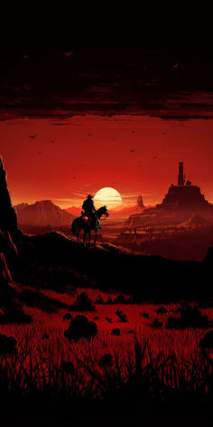 a man riding on the back of a horse next to a red sky at sunset