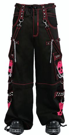 Accept no imitations! From the originator of all things DarkStreet, these black and pink studded pants zip off into shorts (★≧▽^))★☆. They feature two skulls on each leg, removable chains, adjustable ankles, D-rings, and deep pockets.  – Drawstring and adjustable waist buckles allow for a tighter fit on the waist. 100% Hand In Pants Reference, Tripp Pants Diy, Colorful Goth Outfits, Pink Techwear, Tripp Shorts, Pink Punk Outfits, Punk Fits, Trip Pants, Scene Pants