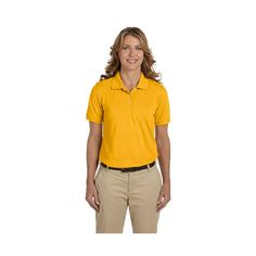 65 polyester, 35 cotton piqu Wrinkle-resistant Special poly/cotton blend creates soft silky hand and helps reduce shrinkage Flat-knit collar and cuffs Hemmed bottom with side vents Sideseamed Three-button placket Set-in sleeves Softly shaped for more flattering feminine fit Size: XL.  Color: Yellow.  Gender: female.  Age Group: adult.