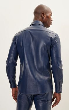 N° 4725 GENUINE LAMBSKIN LEATHER SHIRT - NAVY – Ron Tomson Fitted Leather Long Sleeve Tops, Fitted Long Sleeve Leather Top, Classic Fitted Leather Tops, Fitted Classic Leather Tops, Fitted Classic Leather Top, Sleek Leather Tops For Workwear, Sleek Leather Tops For Work, Elegant Leather Tops For Work, Elegant Leather Tops For Office