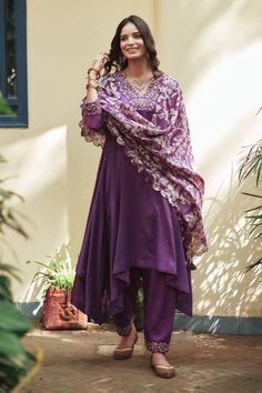 Shop for House of Pink Purple Chanderi Anarkali Set for Women Online at Aza Fashions Purple Indian Outfit, Purple Anarkali, Chanderi Anarkali, Cotton Dress Indian, डिजाइनर कपड़े, Designer Suits Online, Diwali Dresses, Choli Dress, Indian Fashion Trends