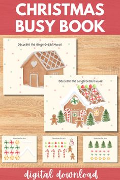 the gingerbread house christmas bushy book is shown on a wooden table with other cards and