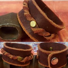 three different pictures of brown leather bracelets