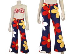 "These 60s or 70s-era bell bottoms feature a fun large format floral print, 2 hip pockets, 2 back pockets, and bell bottom flares. Fabric is a cotton twill similar to denim. Pants are unlined and zip up the front. Best fits size xs or small (please check measurements below). Accessories not included. Approximate Flat Measurements:  Multiply times 2 for bust, waist, and hip measurements. For best fit, compare with a similar style of clothing which you already own.  Total Length: 37\" Waist (multi 70s Inspired Fitted Flare Jeans For Spring, Vintage Cotton Pants With Floral Print, 70s Inspired Fitted Flare Cotton Jeans, Fitted 70s Inspired Cotton Flare Jeans, Hippie Wide Leg Spring Flares, Hippie Wide Leg Flares For Spring, Spring Hippie Wide Leg Flares, Retro Wide Leg Bottoms With Floral Print, Retro High Waist Flare Jeans For Spring