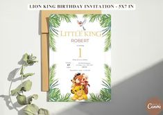 the lion king birthday party card is displayed next to a plant with leaves on it