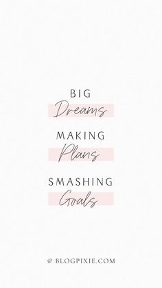 the words big dreams, making plans, smashing goals in pink and black on a white background