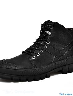 OrcaJump - Mens Leather Nappa Mid-Calf Combat Boots - Casual Daily Walking Shoes - Black Fall Winter Black Rugged Lace-up Boots With Plain Toe, Casual Work Boots With Vibram Sole For Winter, Rugged Black High-top Work Boots, Black High-top Martin Boots For Outdoor Activities, Leather Ankle-high Boots With Rubber Toe Cap, Ankle-high Leather Boots With Rubber Toe Cap, Casual Black Martin Boots For Outdoor Activities, Casual Black Martin Boots For Outdoor, High-top Winter Boots With Rubber Toe Cap