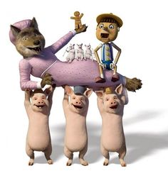 a cartoon character riding on top of five pigs with an animal in the middle and another person standing behind them