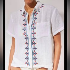 Nwt - The Cabana Shirt From Solid And Stripe. Made Of 100% Linen. Embroidery Details In Vibrant Colors. Perfect For Warm Weather! Relaxed Fit Floral Embroidered Beach Shirt, Relaxed Fit Floral Embroidered Shirt For Beach, White Embroidered Beach Shirt, White Linen Bohemian Shirt, White Floral Embroidered Beach Shirt, White Floral Embroidered Shirt For Beach, White Floral Embroidered Shirt For The Beach, Striped Tops, Linen Embroidery