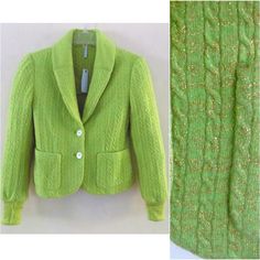 Shimmering New Cable-Knit Sweater Jacket From Iisli. Green With Metallic Gold Highlights. Fitted Style. Shawl Collar. Patch Pockets. Button Front. Ribbed Cuffs And Top Of Collar. Made In Hong Kong. $348 Tag. Ladies 6 79% Wool, 21% Polyester Closes With 2 Buttons. Extra Included Flattering Princess Seams In Front And Back Measures About 33 Inches Underarm, Unstretched. Jacket Is 20 In. Long. Sleeves Are 26 In. Long With Cuffs Extended. Shoulders Are 15.5 In. Across Back Green Fitted Wool Cardigan, Fitted Green Cable Knit Cardigan, Fitted Cable Knit Spring Outerwear, Spring Fitted Cable Knit Outerwear, Fitted Cable Knit Outerwear For Spring, Gold Highlights, Fitted Style, Princess Seams, Princess Seam