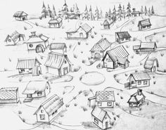 a drawing of houses in the snow with trees and hills behind them, all drawn by hand