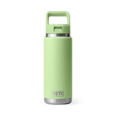 the yeti water bottle is shown in light green