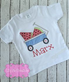 Set your little one up for a summer of fun in style with this Watermelon Wagon Personalized Kids Shirt! Featuring an embroidered watermelon wagon that can be personalized with your child's name, this shirt is sure to make a splash with its whimsical design and authentic summer vibes. Ready, set, watermelon wagon! All of my items are made to order, choose your shirt type, size and applique fabric and I will make a custom shirt just for you! Cute T-shirt With Machine Embroidery And Short Sleeves, Playful Red T-shirt For Summer, Summer Cotton T-shirt For Playtime, Cotton T-shirt For Summer Playtime, Cute Machine Embroidered Short Sleeve T-shirt, Cute Embroidered Summer Tops, Playful Embroidered Short Sleeve Tops, Playful Embroidered Cotton T-shirt, Playful Summer Cotton Shirt