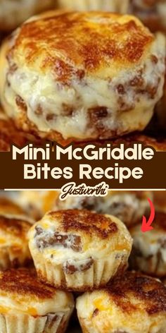 mini mcgridle bites recipe with cheese on top and in the middle, next to other muffins