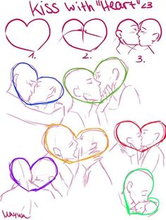 a drawing of two people kissing each other with hearts drawn on them in different colors