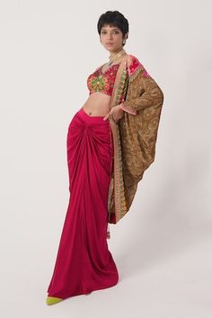 Earthy brown and red pure crepe shrug with 3D floral and sequins hand embroidery. Comes with a dream red pure satin draped skirt and a crimson cranberry red floral printed linen satin blouse. - Aza Fashions Hand Embroidered Skirt, Women Kurta, Earthy Brown, Draped Skirt, Embroidered Skirt, Satin Blouse, Brown Floral, Printed Linen, Flared Sleeves