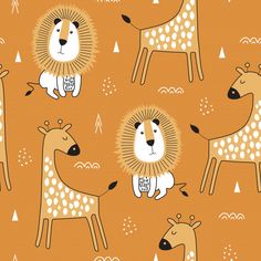 an animal pattern with lions and giraffes in orange, on a brown background