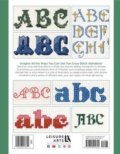 cross stitch alphabets with letters and numbers in different colors, including the letter's