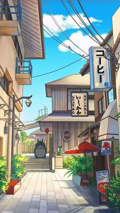 an anime street scene with buildings and signs