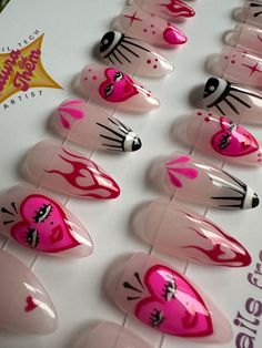 This listing is for a full set of hand painted heart nails. These are reusable gel nails shown in a Short Stiletto shape. Any length and shape can be chosen in the variation section.  *Please note that due to the nature of re-creating designs made-to-order in the shape and sizing requested at the time of order, designs made differ slightly based on the shape and length chosen. These are custom designed works of art and any variations in the design shown in the listing are part of the unique appeal of hand-painted designs. Colors may look different in person and depend on the screen resolution as well. All listing photos have been taken in natural lighting and are unaltered. I would be happy to send pictures of your order before sending them off if you would like to see them (just send me a Unique Valentines Nails, Anti Valentines Day Nails, Gift Nails, Valentine Nails Pink, Theme Nails, Valentines Nail Art Designs, Valentines Theme, Short Stiletto, Fake Nails Designs