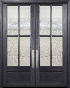 a double door with frosted glass on the front and side doors are shown in dark wood