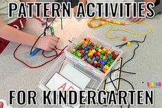 two children working with beads in a plastic container on the table and text overlay that reads pattern activities for kindergarten