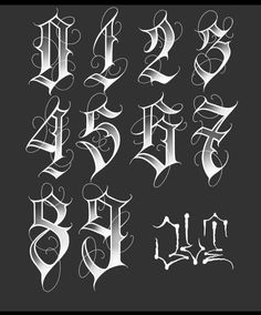 some type of calligraphy that is in the style of gothic letters and numbers, all with