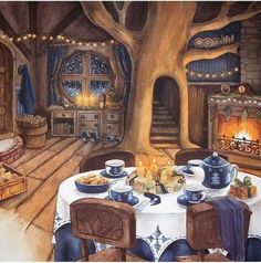 this is a painting of a table with food and candles in front of a fireplace