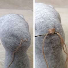 two pictures of the same fabric being used to make a doll's head and neck