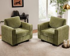 two green chairs sitting next to each other on top of a white carpeted floor