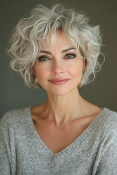 Gray Hair With Lowlights Over 50 Curly, Short Salt And Pepper Hair Over 50, Old Lady Short Hairstyles, Blonde Curly Short Hair, Short Curly Gray Hair Over 50, Gray Curly Hair Natural Curls, Stacked Curly Bob, Short Curly Grey Hair, Short Haircuts For Thick Wavy Hair