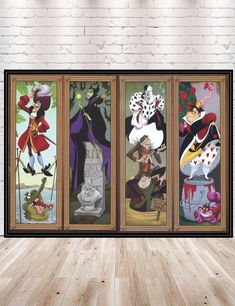 three framed art pieces with cartoon characters on them in front of a white brick wall